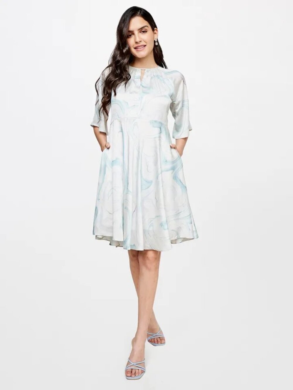 AND Marble Print Dress Size 14 | Blue Green Flowy Midi Dress